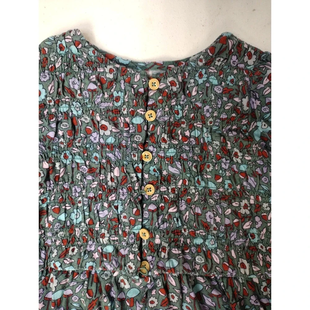 Cat & Jack Girls Green Floral Mushroom Smocked Long Sleeve Dress‎ Size S 6/7